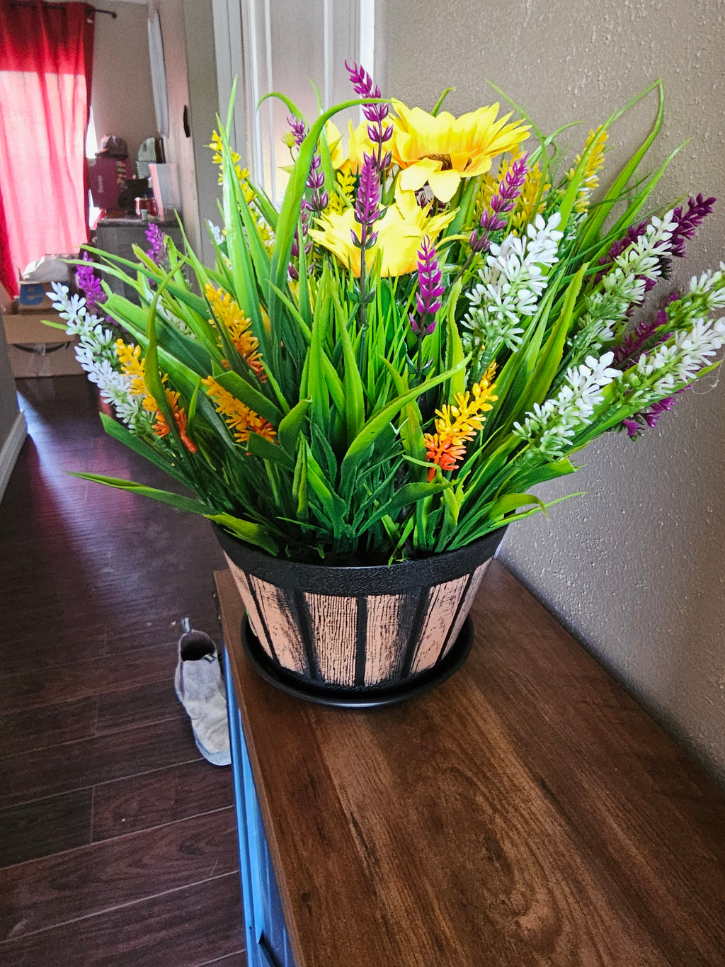 Handcrafted Faux Floral Arrangement in Rustic Planter | Permanent Flower Centerpiece