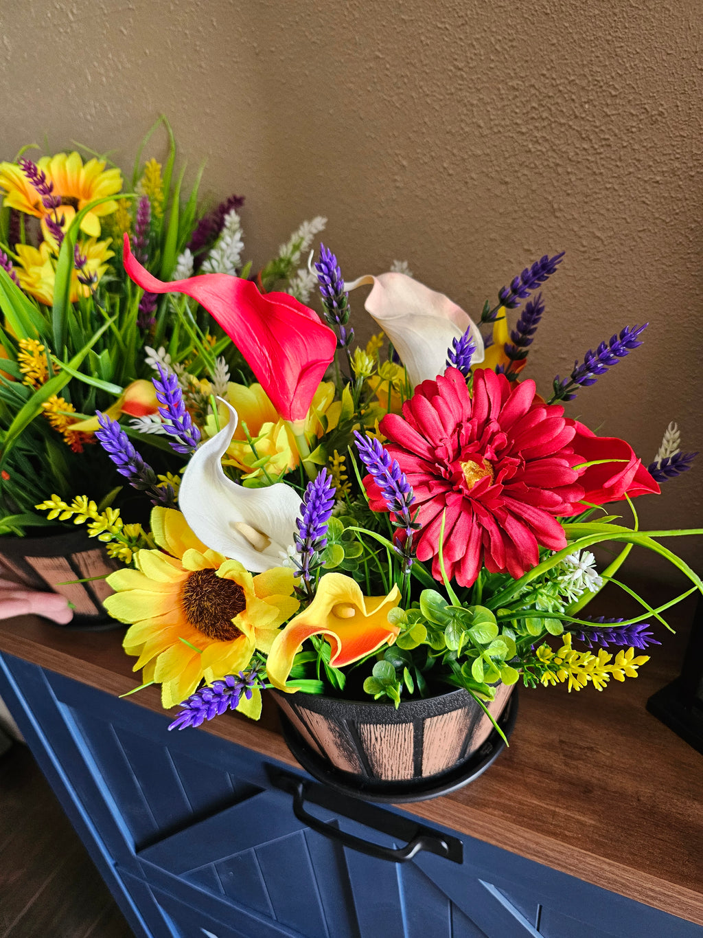 Handcrafted Faux Floral Arrangement in Rustic Planter | Permanent Flower Centerpiece