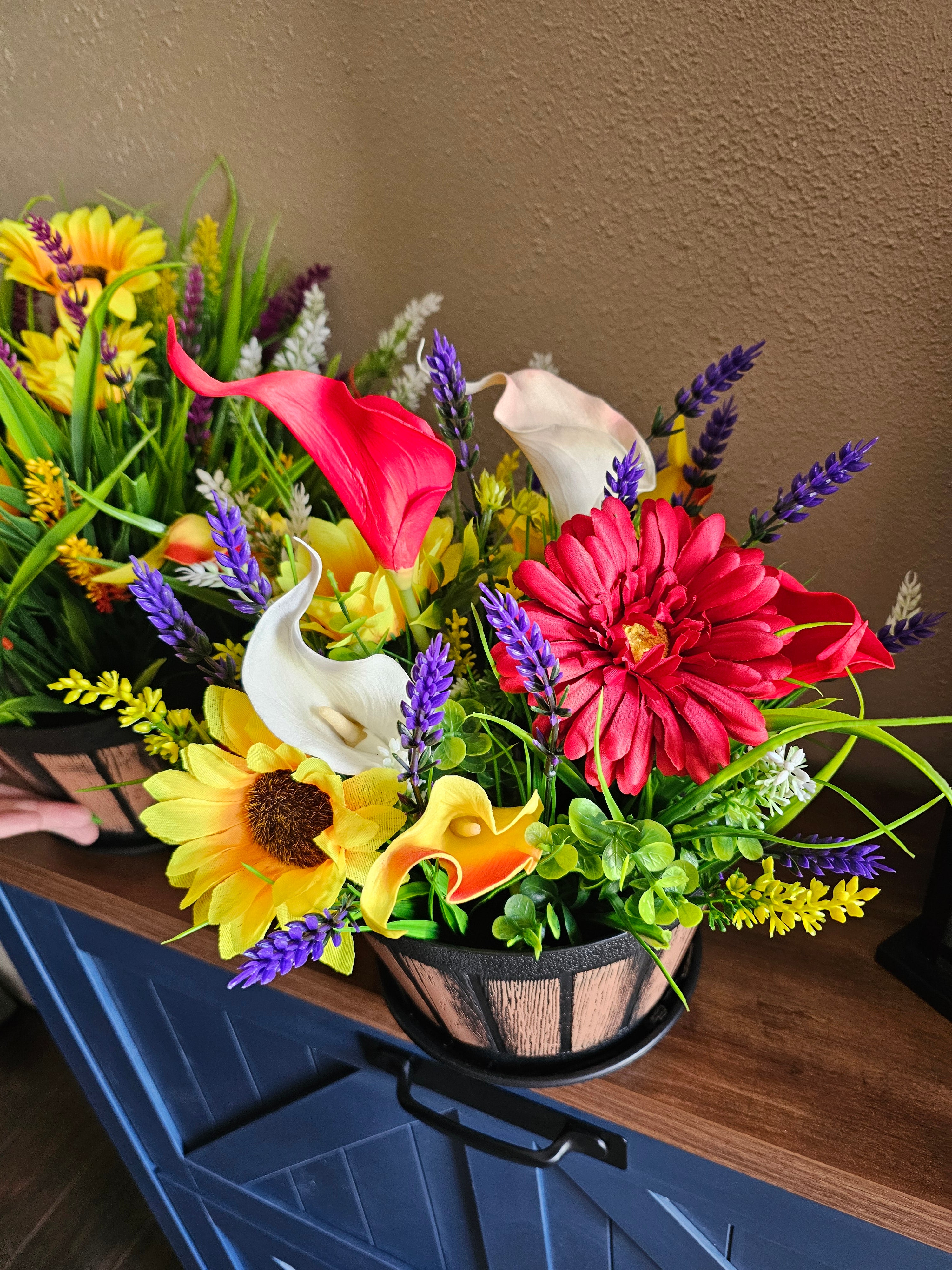 Handcrafted Faux Floral Arrangement in Rustic Planter | Permanent Flower Centerpiece