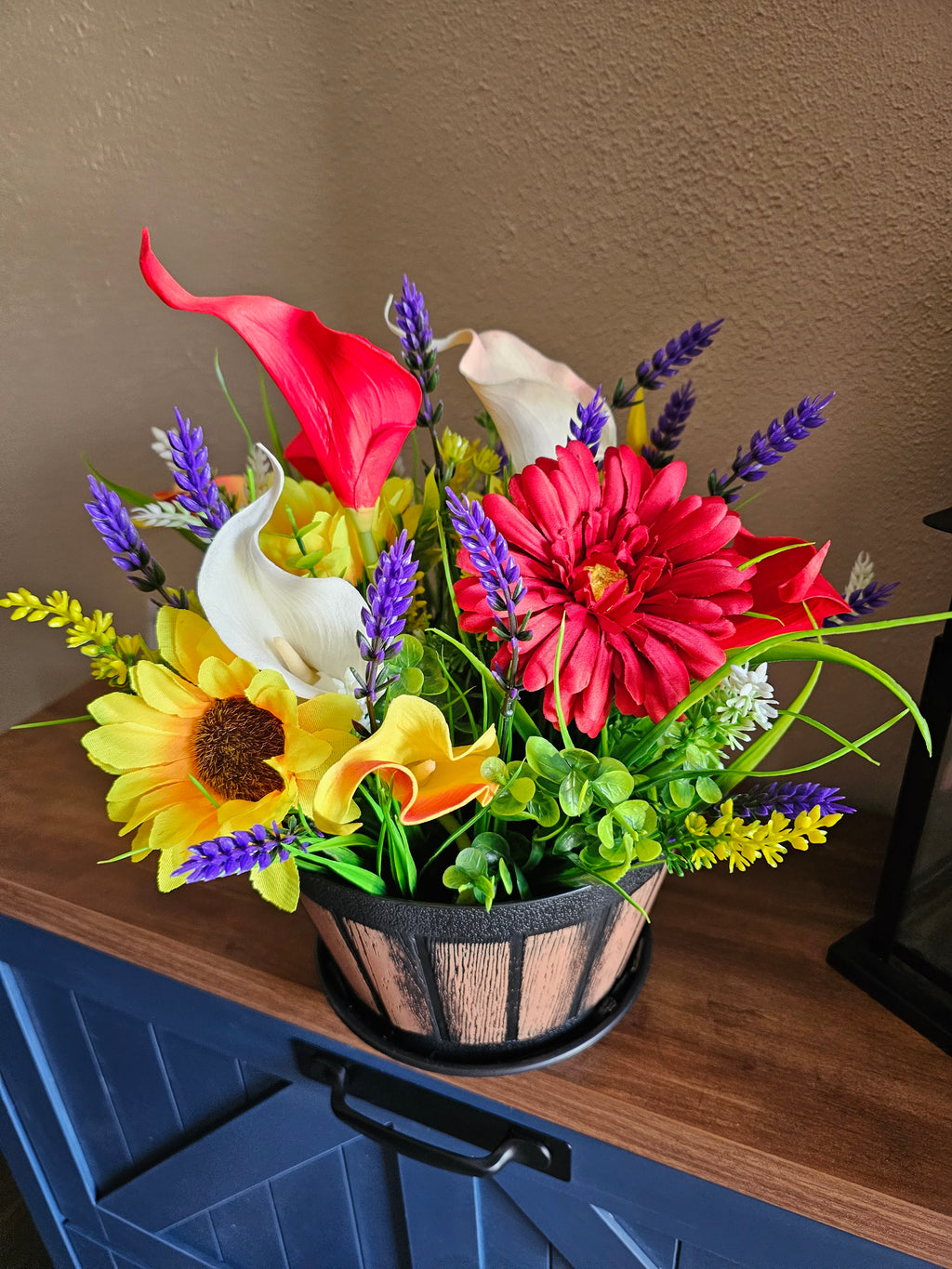 Handcrafted Faux Floral Arrangement in Rustic Planter | Permanent Flower Centerpiece