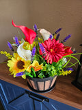 Handcrafted Faux Floral Arrangement in Rustic Planter | Permanent Flower Centerpiece