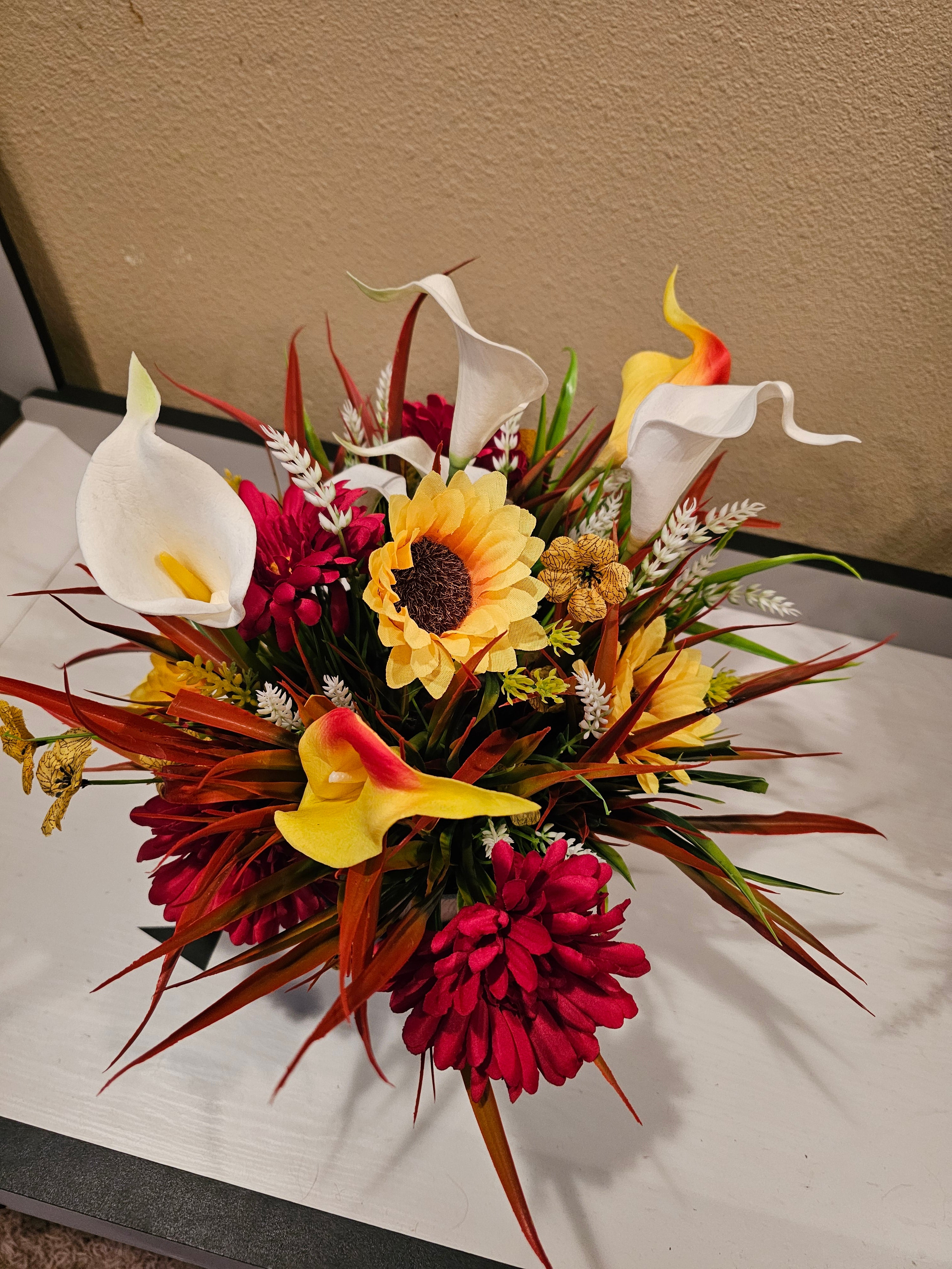 Handcrafted Faux Floral Arrangement in Rustic Planter | Permanent Flower Centerpiece