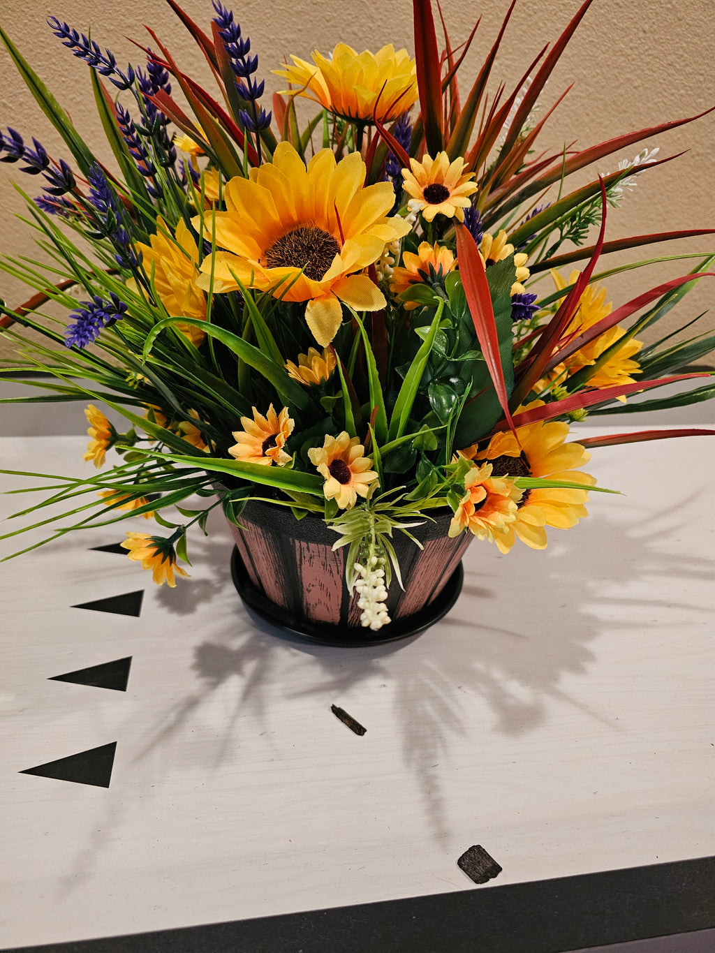 Handcrafted Faux Floral Arrangement in Rustic Planter | Permanent Flower Centerpiece