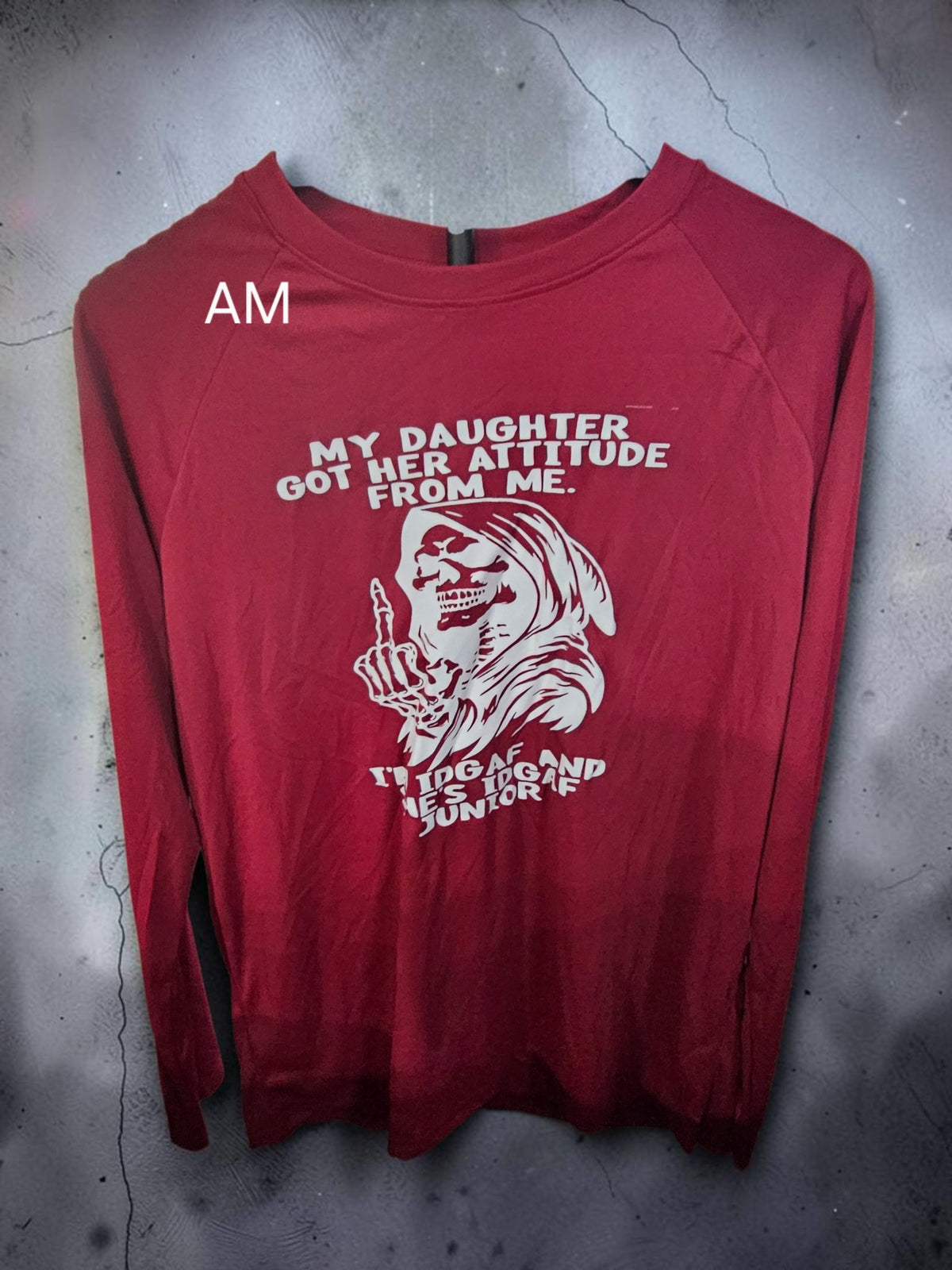 IDGAF Junior Daughter Attitude Long Sleeve Shirt – Funny Grim Reaper Graphic Tee