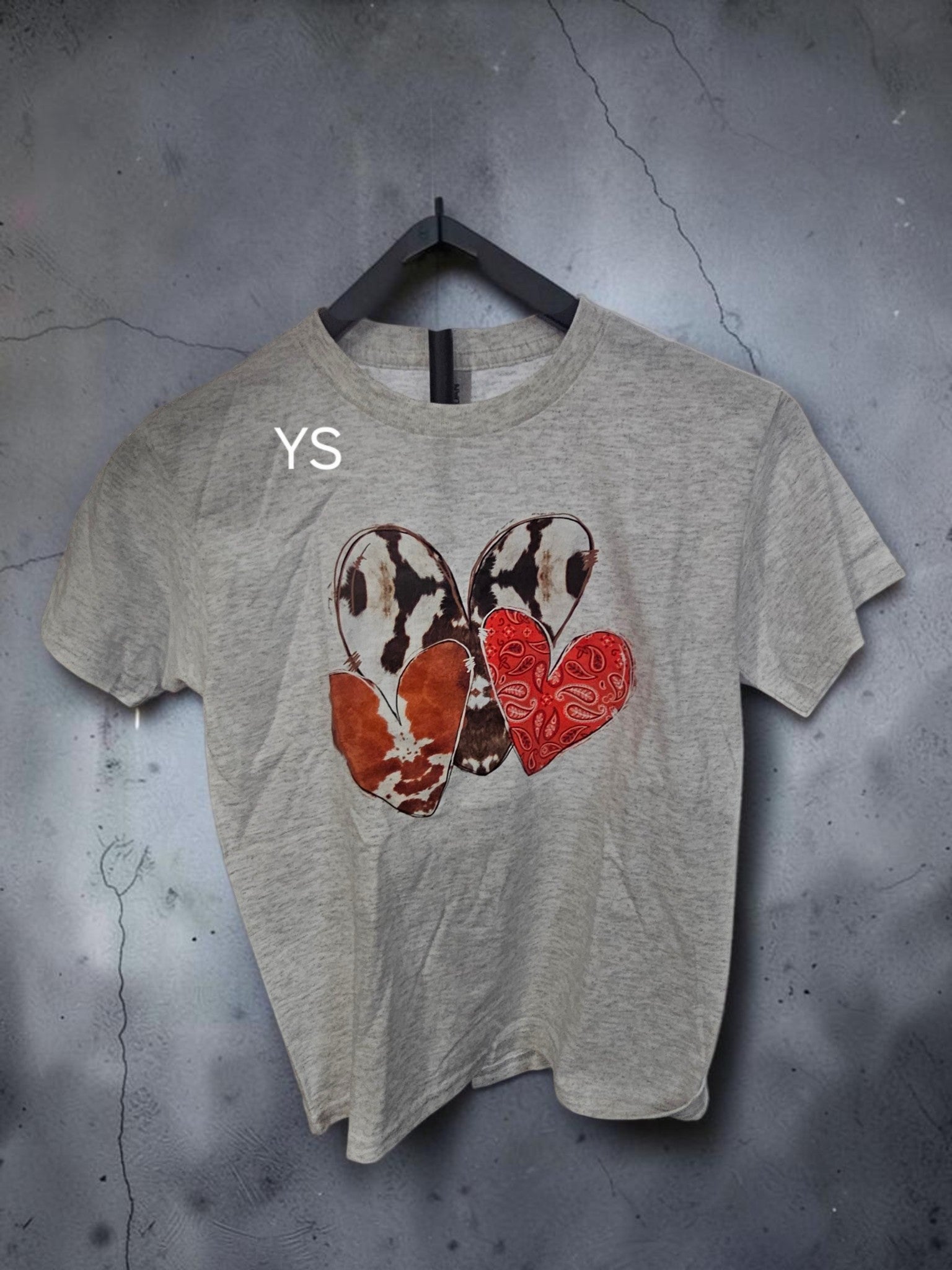 Western Hearts Youth T-Shirt – Cow Print & Red Bandana Heart Design
