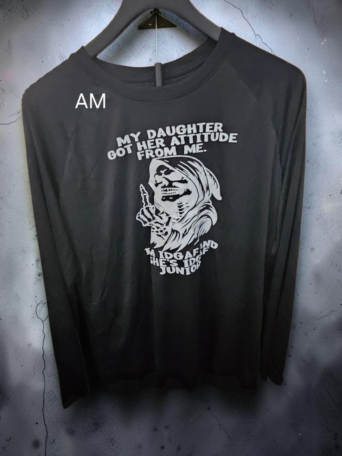 IDGAF Junior Daughter Attitude Long Sleeve Shirt – Funny Grim Reaper Graphic Tee