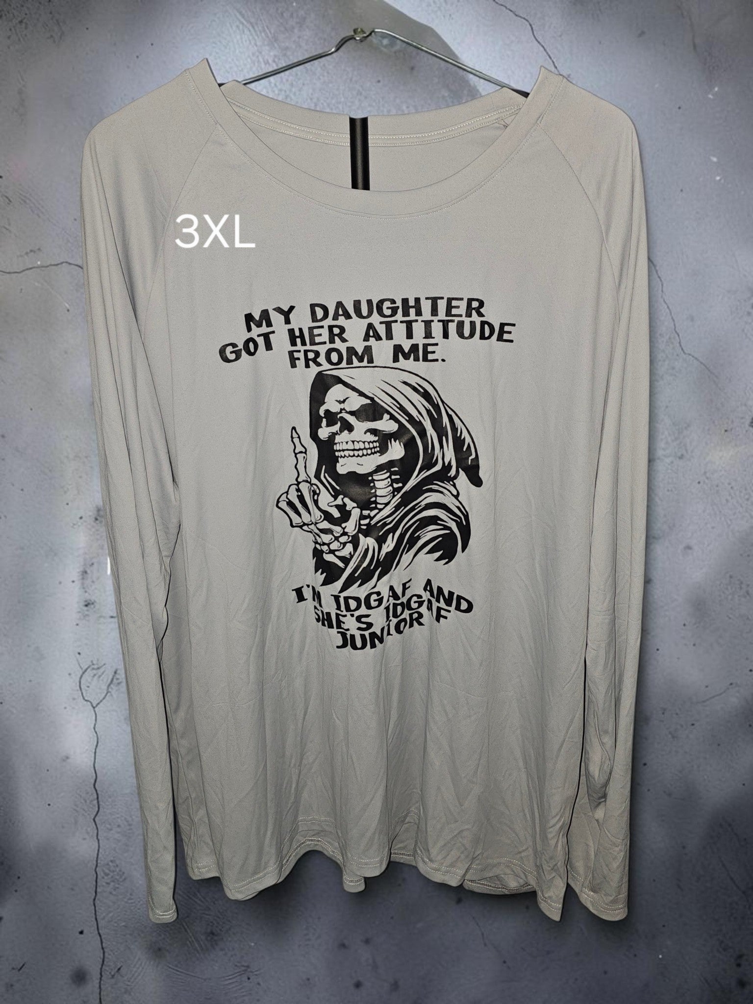 IDGAF Junior Daughter Attitude Long Sleeve Shirt – Funny Grim Reaper Graphic Tee